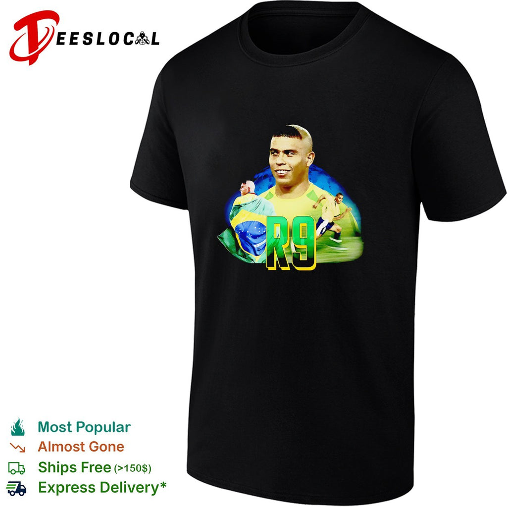 Ronaldo R9 Brazil wearing flag and running collage shirt