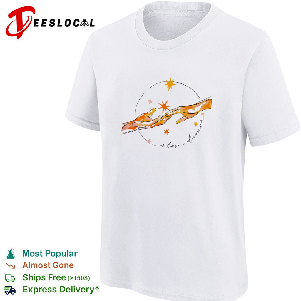 Slow dancer touching hands with celestial stars and cosmic shirt