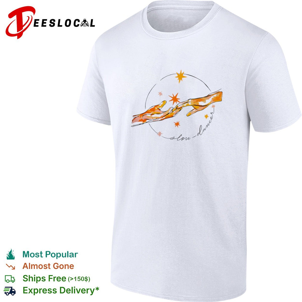 Slow dancer touching hands with celestial stars and cosmic shirt