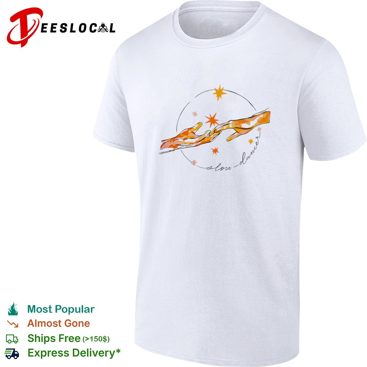 Slow dancer touching hands with celestial stars and cosmic shirt