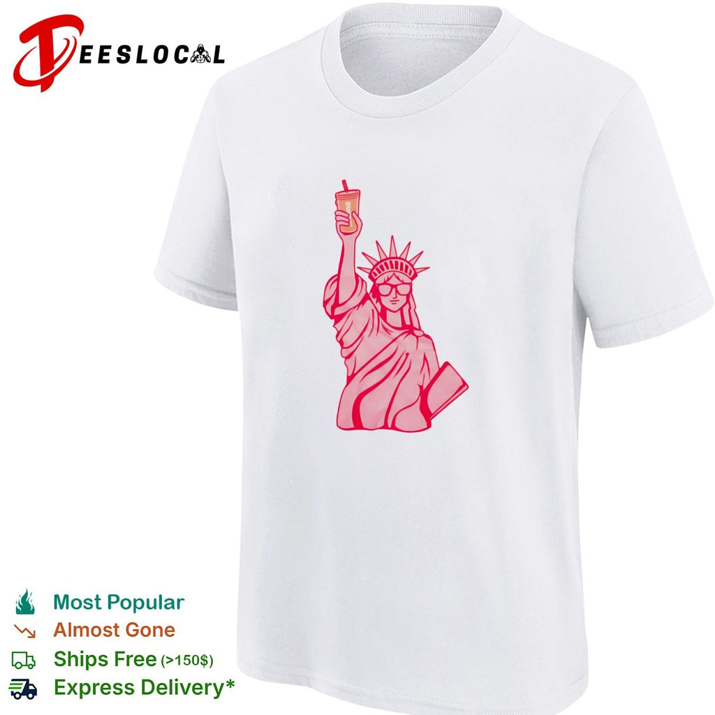 Statue of Liberty wearing sunglasses holding iced drink shirt