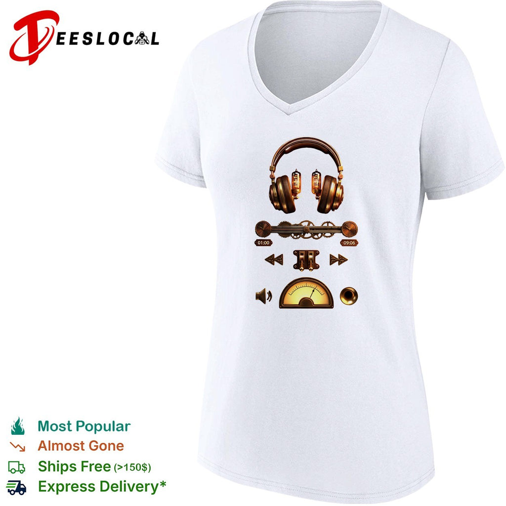 Steampunk headphones music player gear controls shirt