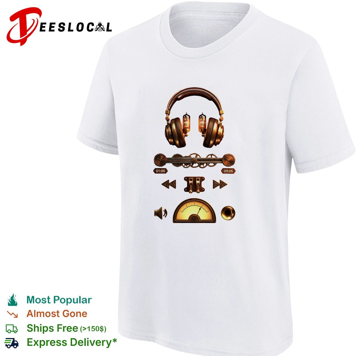 Steampunk headphones music player gear controls shirt