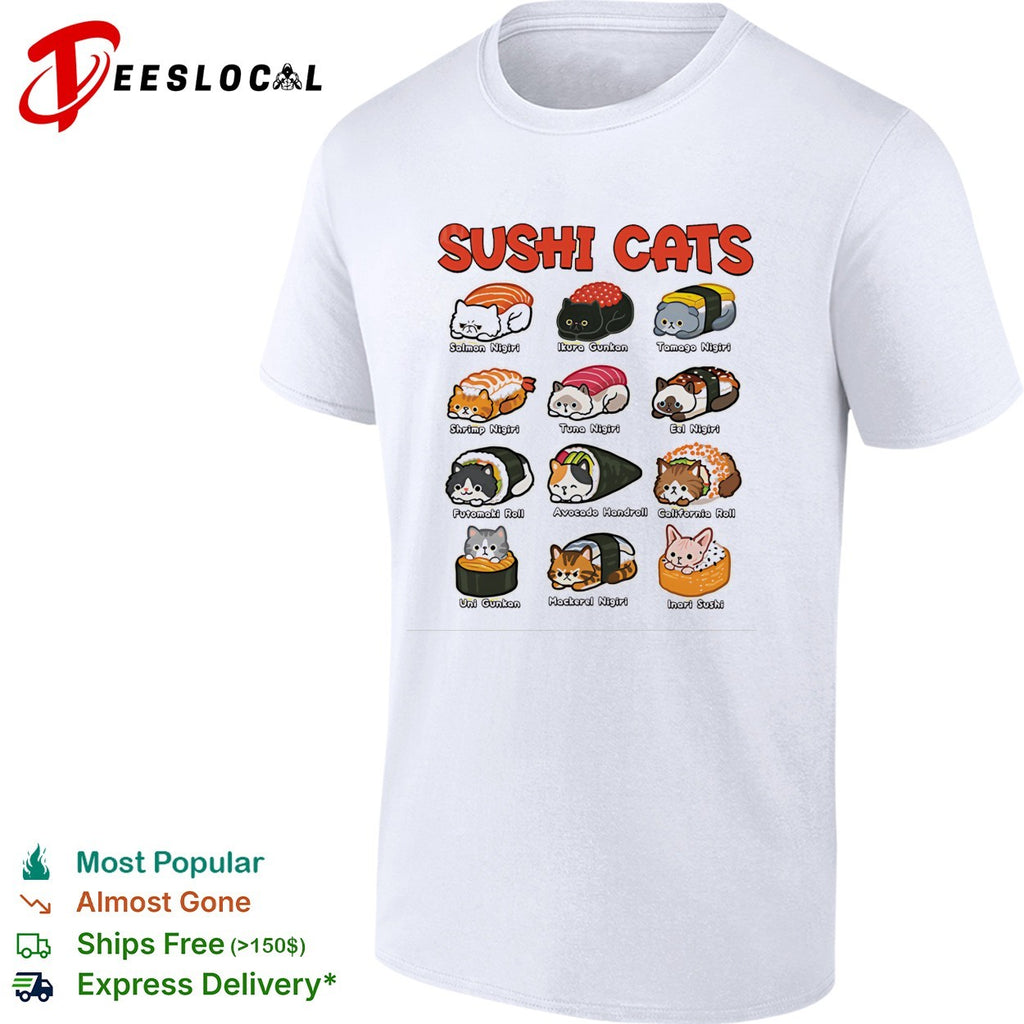 Sushi Cats Salmon Nigiri Tamago Nigiri Shrimp Nigiri Futomaki Roll Avocado Handroll shirt
