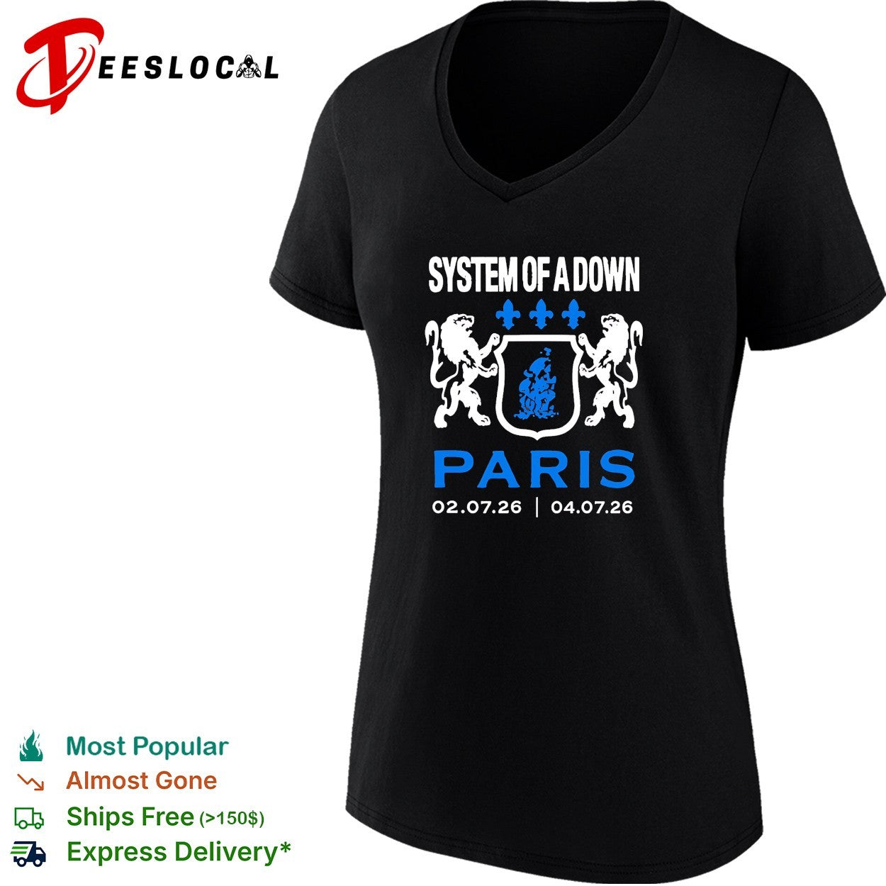 System of a Down Paris concert July 2026 heraldic crest lions shirt