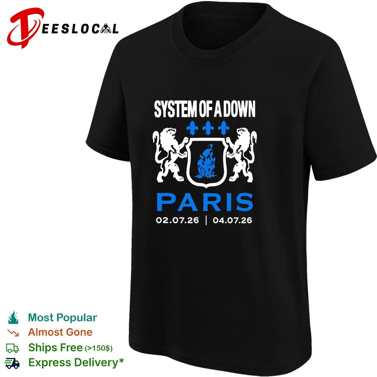 System of a Down Paris concert July 2026 heraldic crest lions shirt