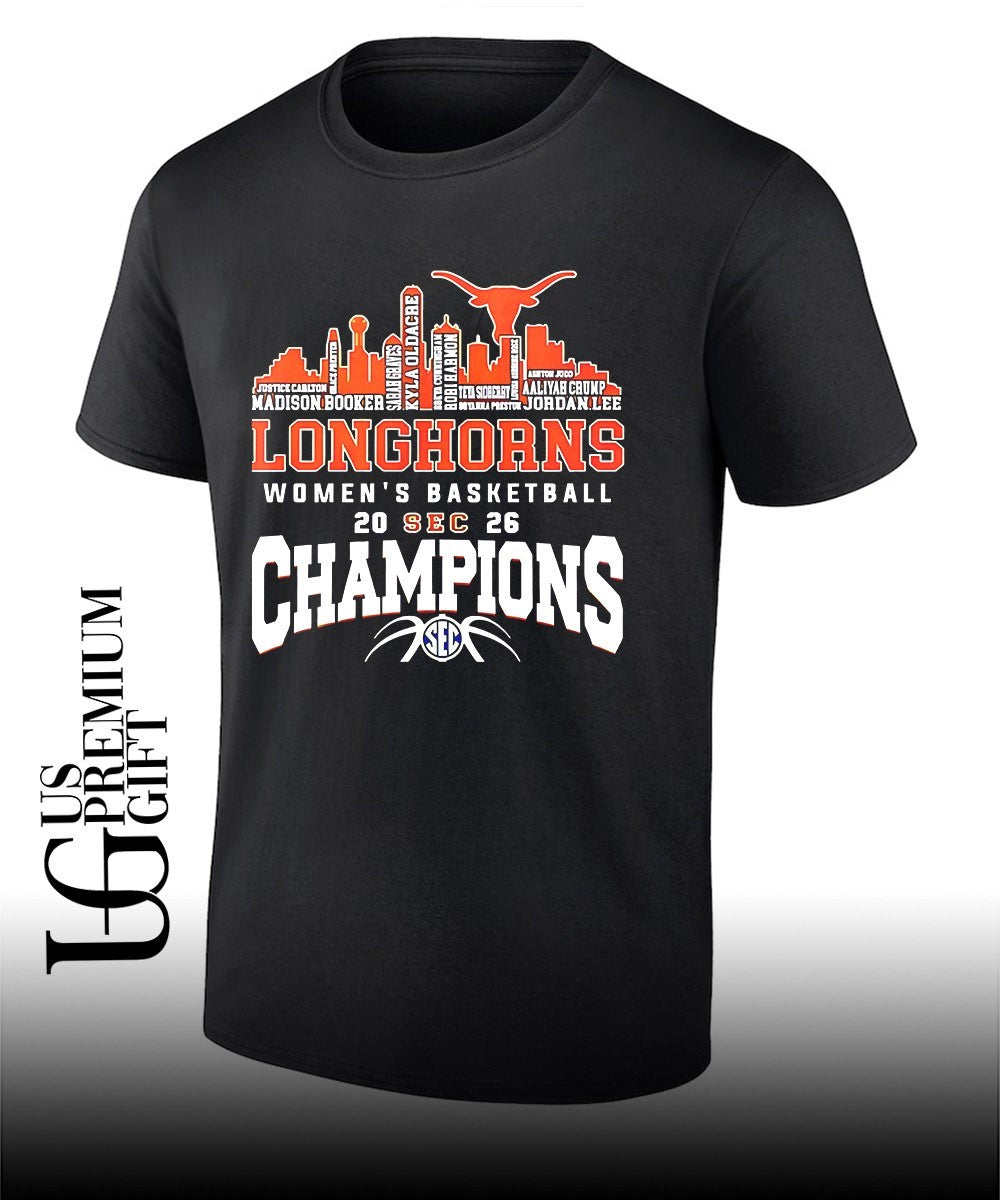 Texas Longhorns Women’s Basketball Champions 2026 player name city skyline shirt