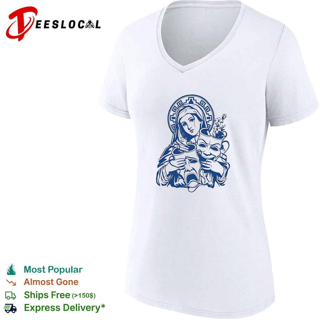 Virgin Mary cry now laugh later drama mask tattoo art shirt