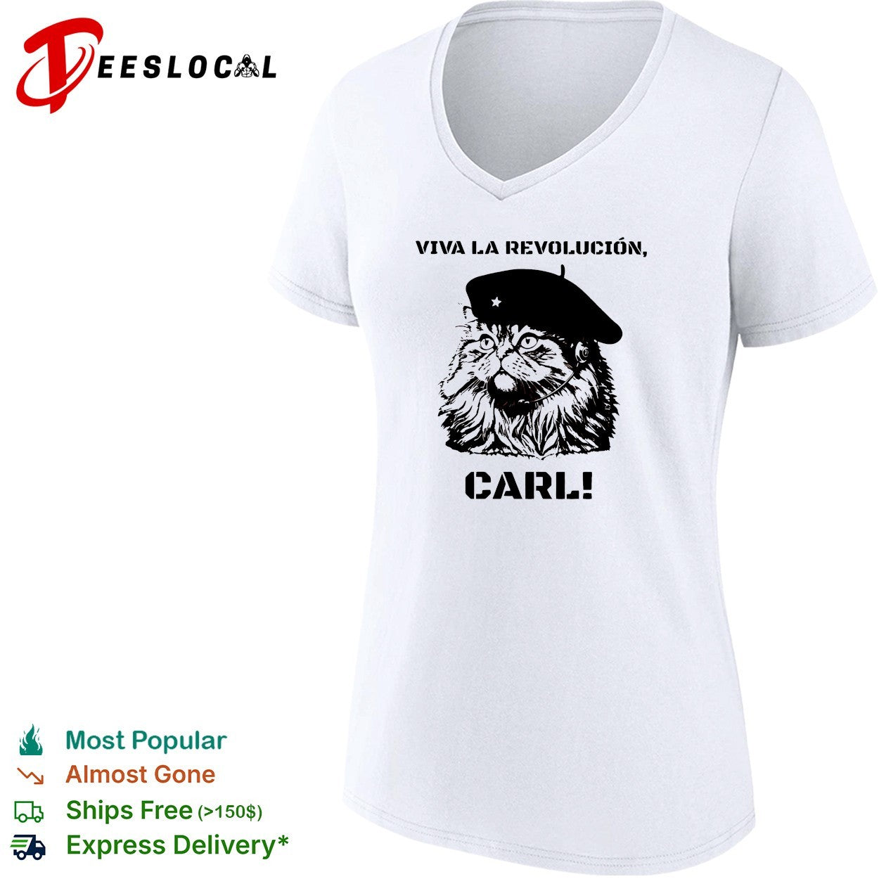Viva la revolucion Carl cat wearing star beret and headset shirt