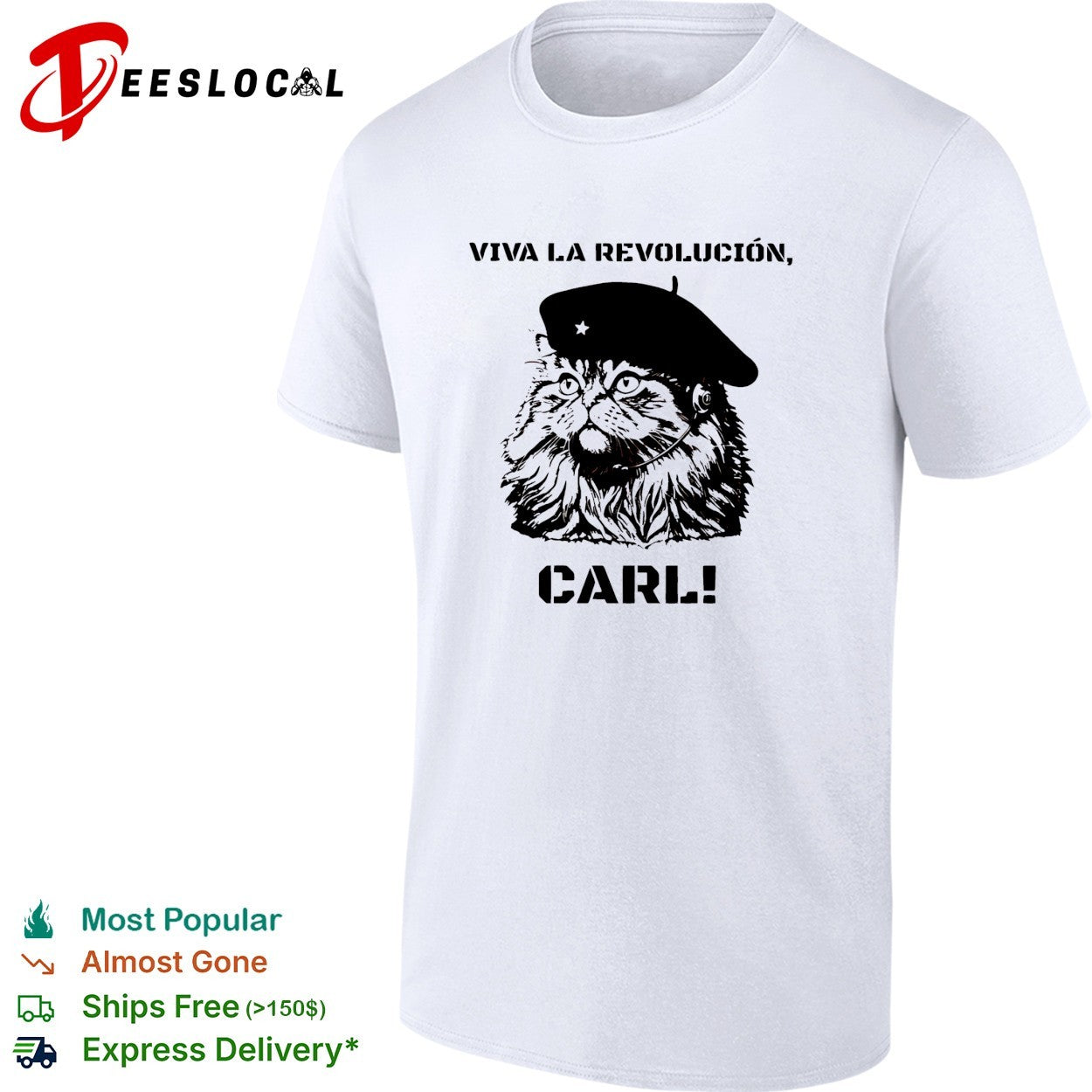 Viva la revolucion Carl cat wearing star beret and headset shirt