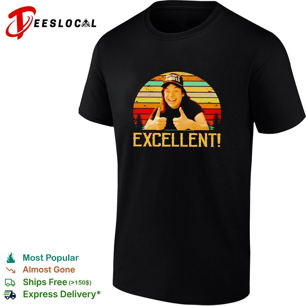 Wayne’s World Wayne Campbell thumbs up excellent retro sunset shirt