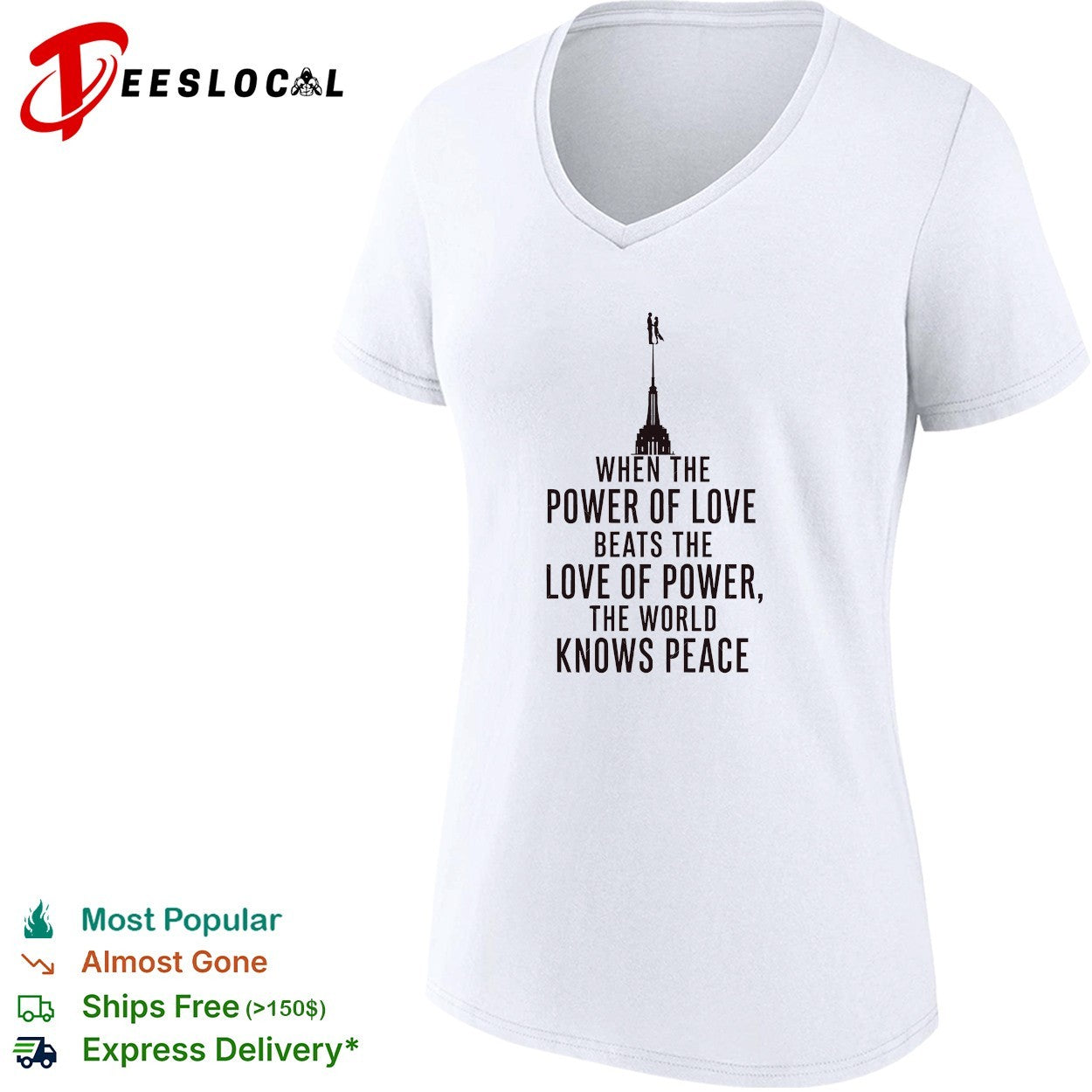 When the power of love beats the love of power the world knows peace tower silhouette couple shirt