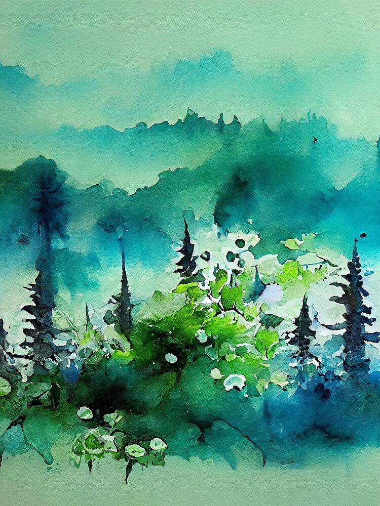 Greeny blue moody forest in fog in loose watercolor style with small cute floral elements by aricutcia... (Image 2)