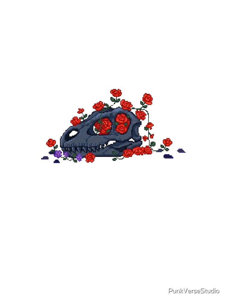 Pixel Dinosaur Skeleton with Red Flowers | Floral Retro Pixel Art by PunkVerseStudio T-Shirts, Hoodie, Sweatshirt (Image 2)