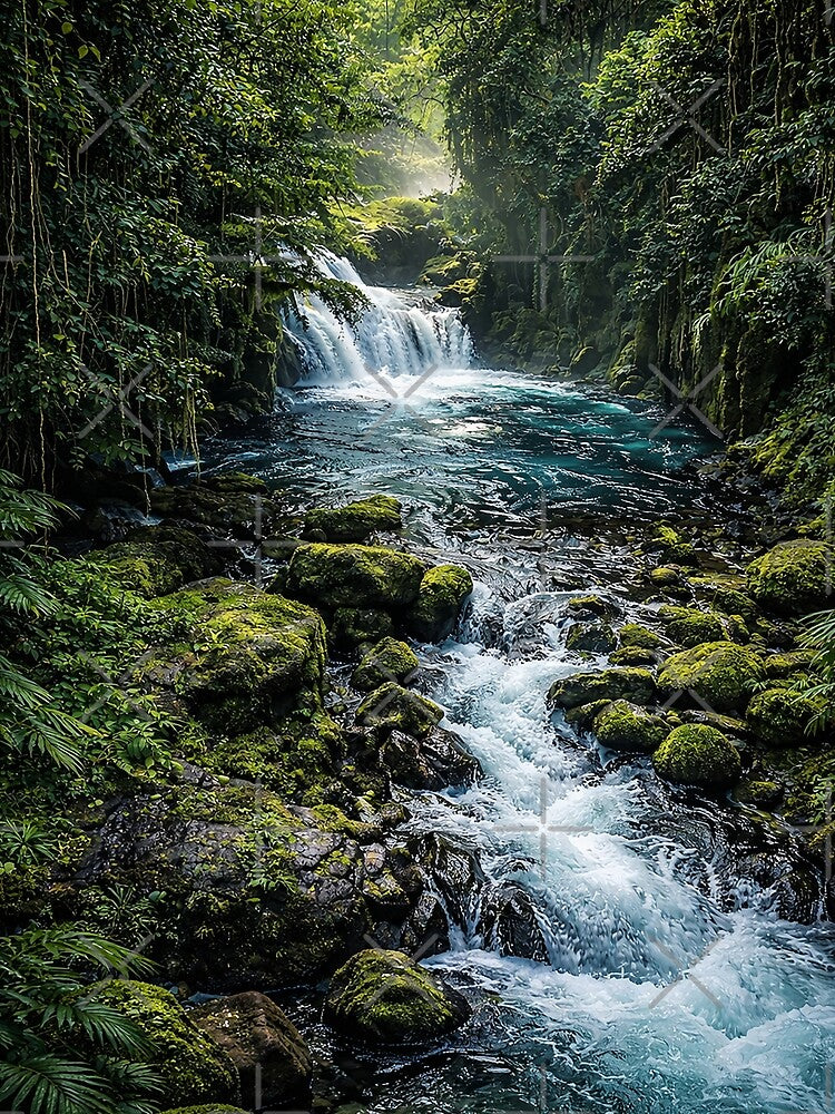 Ethereal Forest Waterfall – AI Generated Nature Art | Serene Jungle River Landscape by RoyalIndian T-Shirts,... (Image 2)