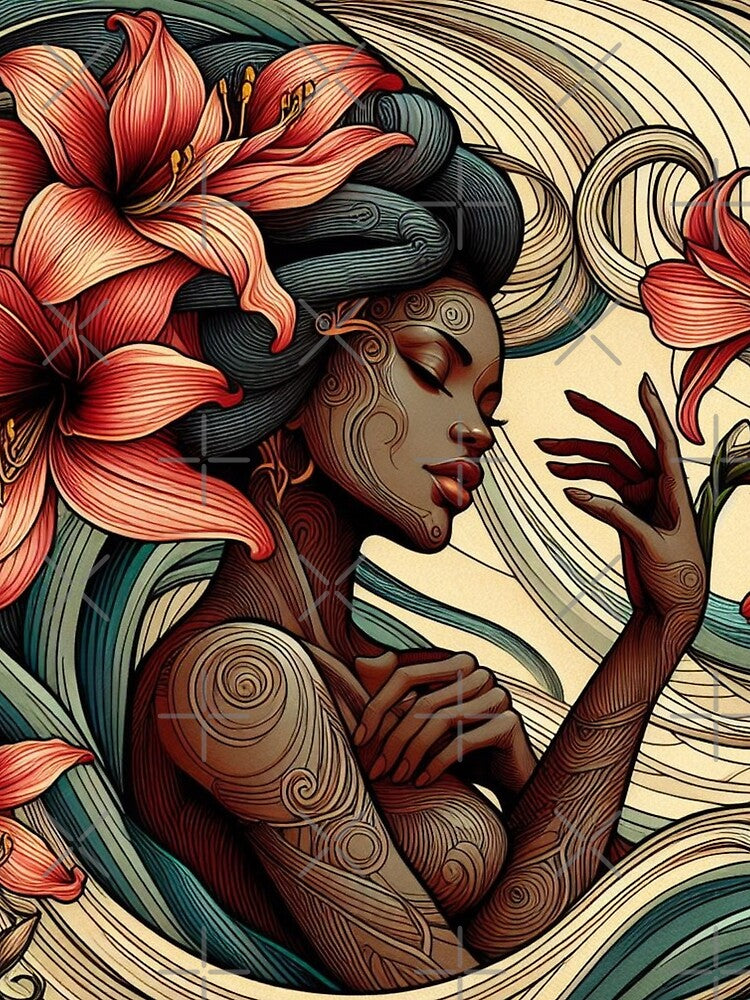 Nubian Woman with amaryllis flowers Art Nouveau Style by Kourtesy of King T-Shirts, Hoodie, Sweatshirt (Image 2)