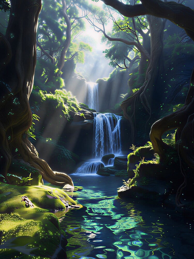 Luminous Forest Waterfall with Sunlight and Ancient Trees by Soluna Studio T-Shirts, Hoodie, Sweatshirt (Image 2)