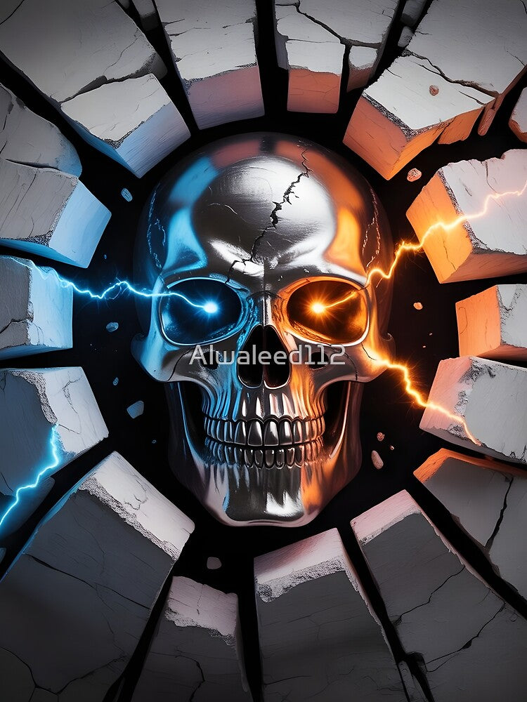 Electric Skull Breakthrough – Metallic Skull With Blue & Orange Lightning Sticker by Alwaleed112 T-Shirts,... (Image 2)