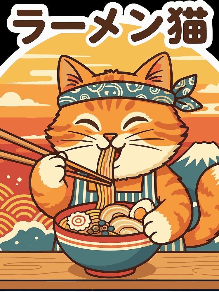 orange cat eating ramen by hafako