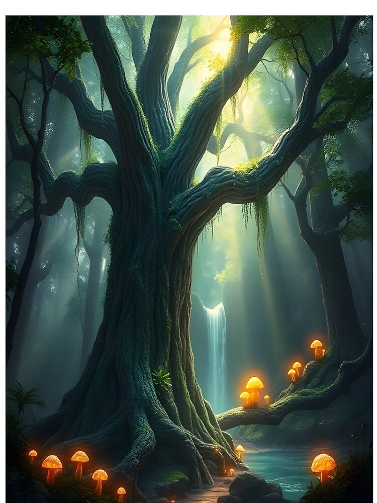 Enchanted Forest Waterfall - Fantasy Mushroom Grove Art Print by PunchDrop T-Shirts, Hoodie, Sweatshirt (Image 2)