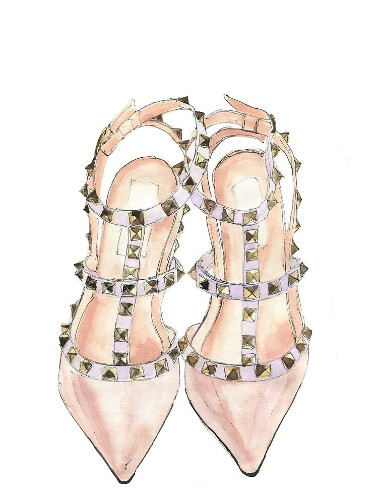 Nude leather wedding shoes with heels watercolor illustration, art print, fashion sketch by samarithaine... (Image 2)