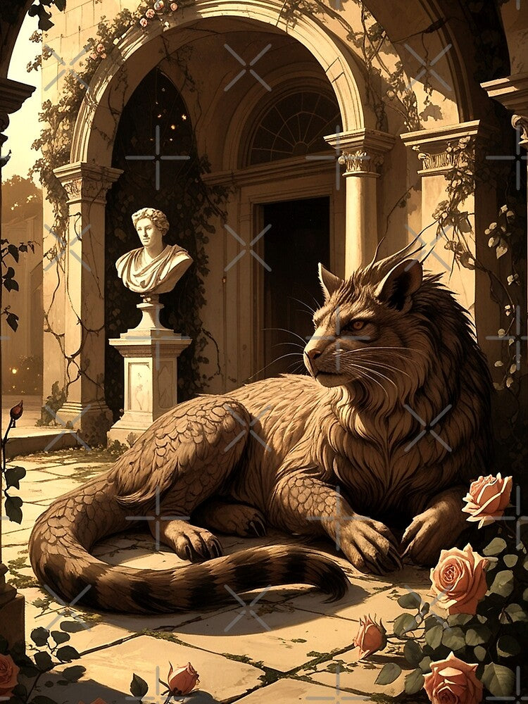 Manticore in Forgotten Courtyard – Gothic Dark Academia Art by semenol T-Shirts, Hoodie, Sweatshirt (Image 2)