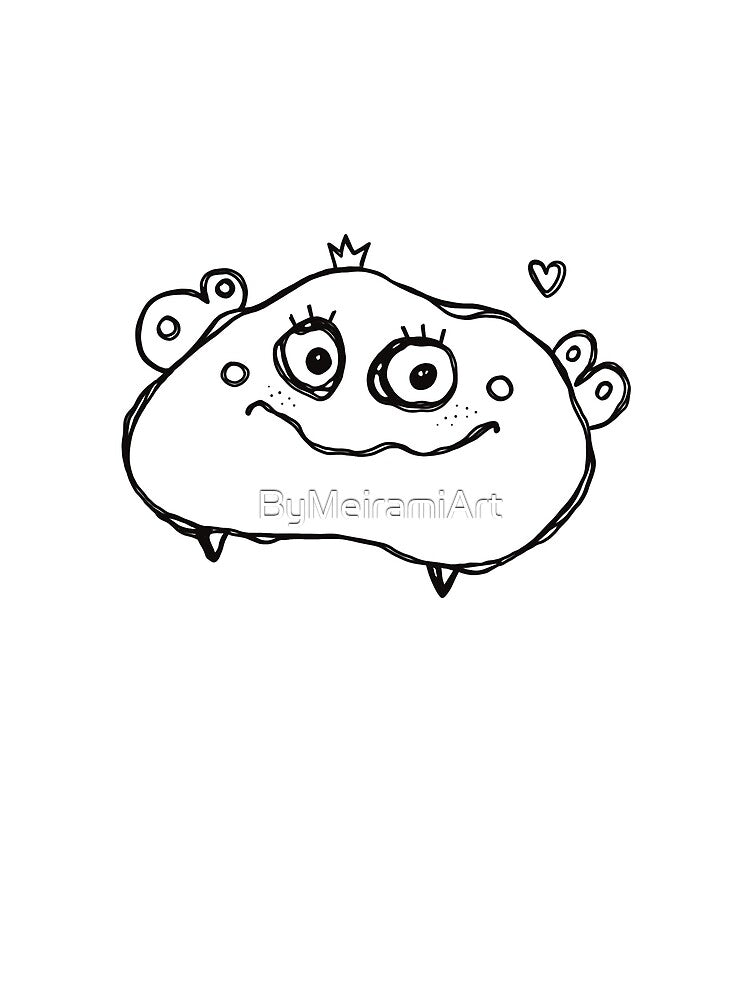 Black and White Cute Monster with Crown and Heart — Minimalist Doodle by ByMeiramiArt