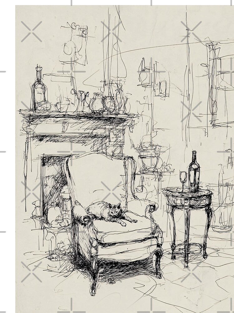 Vintage Victorian Room Sketch — Cozy Antique Scene with Cat by SleekLineSketches T-Shirts, Hoodie, Sweatshirt (Image 2)