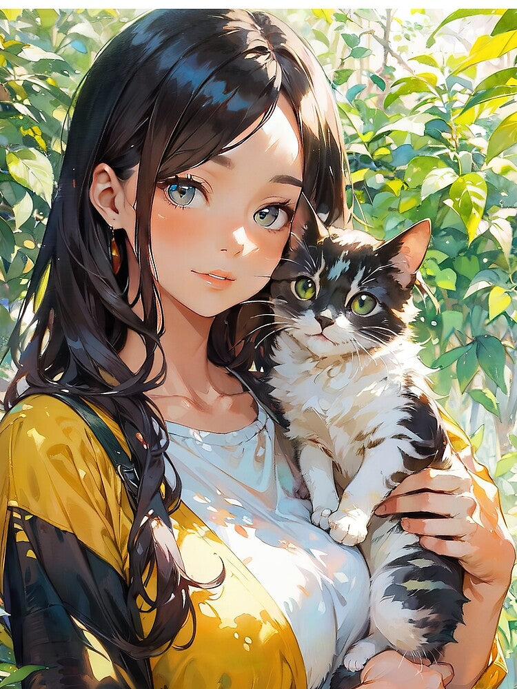 Manga girl in garden with cat by TheArtistOf2022