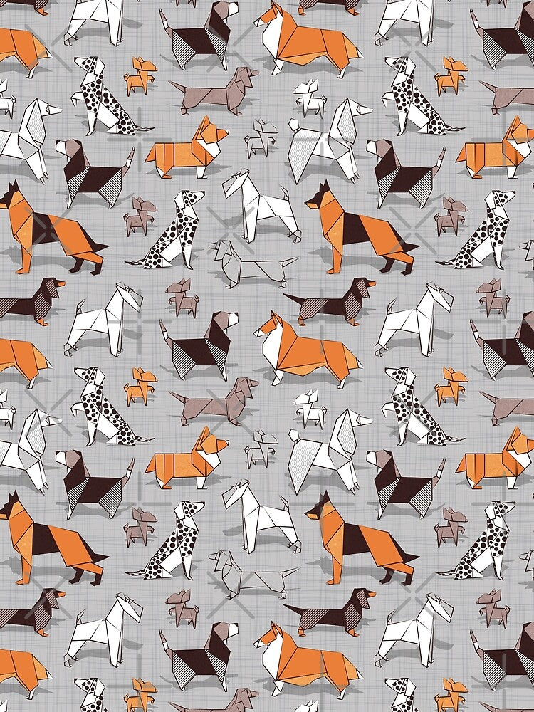 Origami doggie friends // grey linen texture background by SelmaCardoso T-Shirts, Hoodie, Sweatshirt (Image 2)