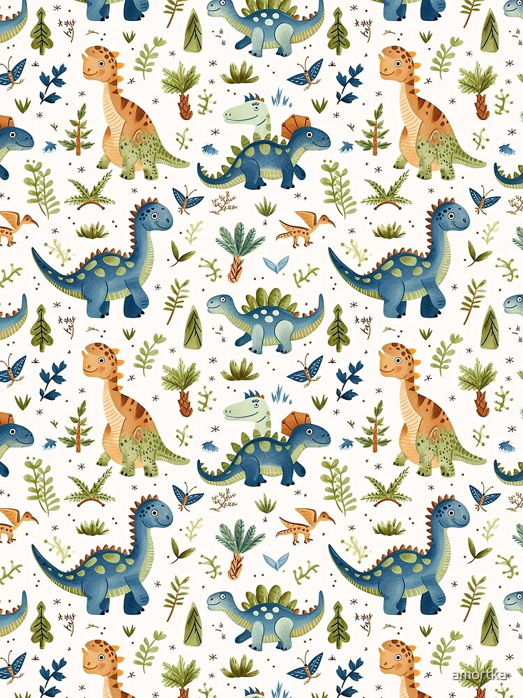 Dinosaur Cartoon Pattern - Blue, Green, Brown on White Background by amortka T-Shirts, Hoodie, Sweatshirt (Image 2)