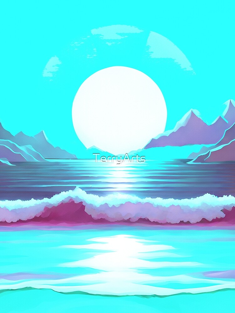 Retro Moon Ocean Beach Mountains Sky AI Art 1 of 4 by Beachy T-Shirts, Hoodie, Sweatshirt | BlankRebels.com (Image 2)