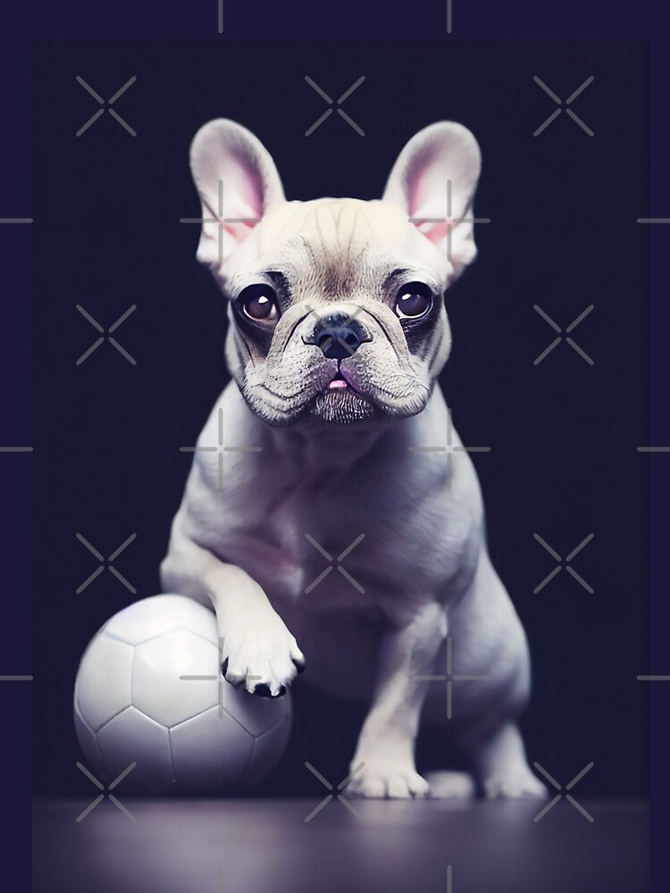 A Cute White French Bulldog with a Football (Soccer Ball) by BrolinAndPearls