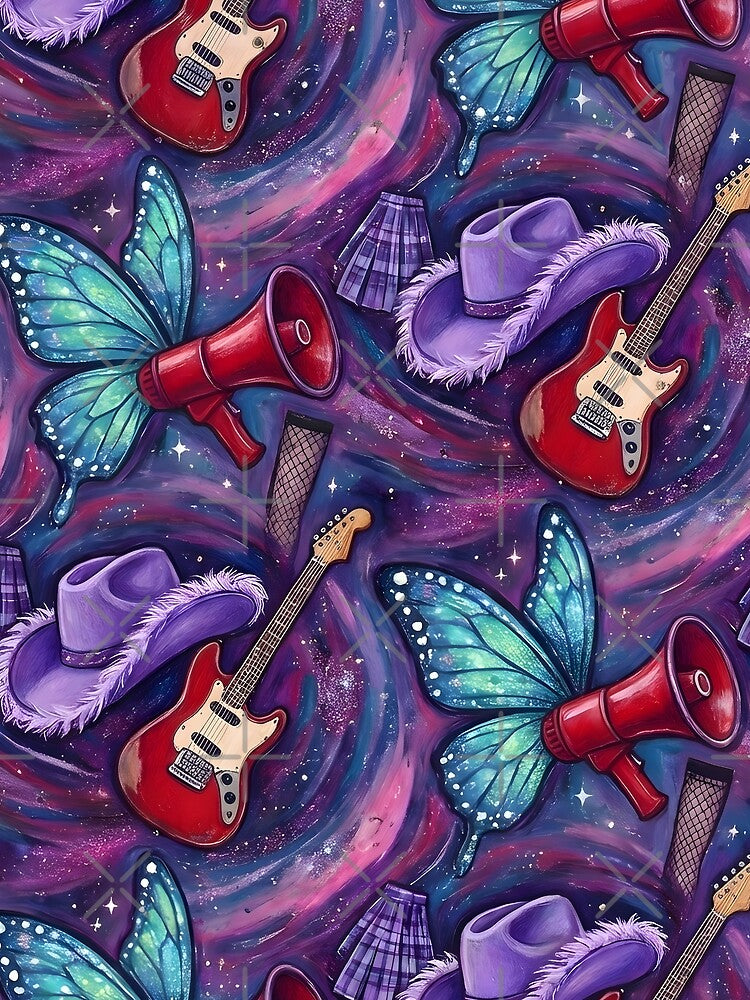 Cosmic Rock & Magic Wings Pattern – Retro Guitar, Butterfly & Cowgirl Aesthetic by Artistic canvas store... (Image 2)