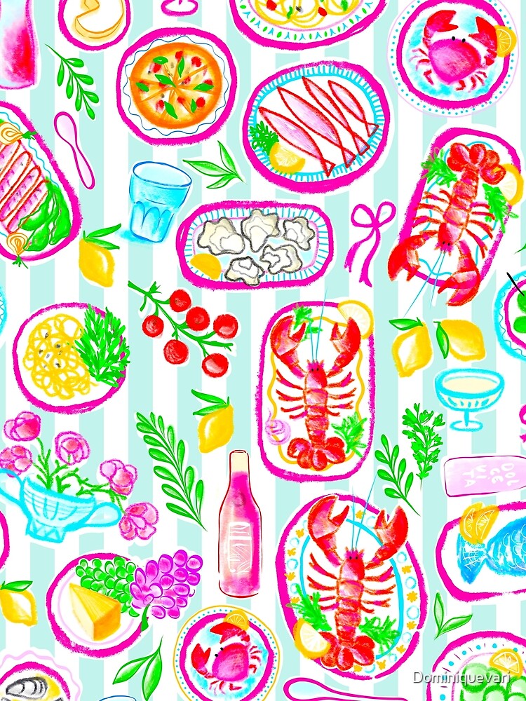 Preppy Italian 'La Dolce Vita' seafood and pasta on pastel blue stripes by Dominiquevari T-Shirts, Hoodie,... (Image 2)