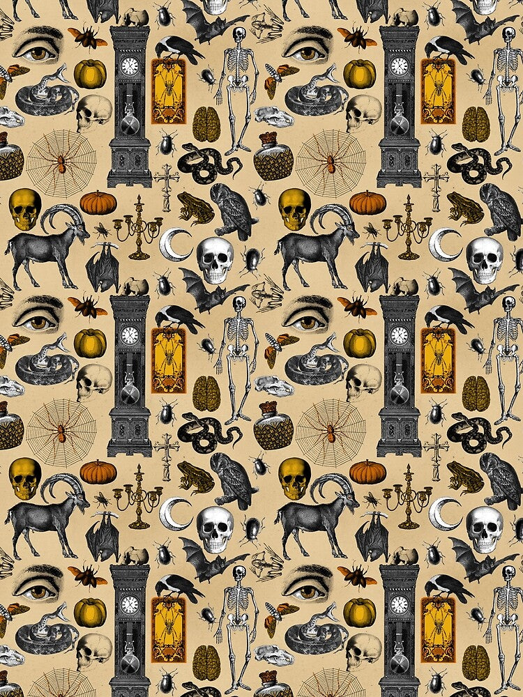 Halloween pattern with skulls, crows, bats and goats on beige by JuliaPop T-Shirts, Hoodie, Sweatshirt (Image 2)