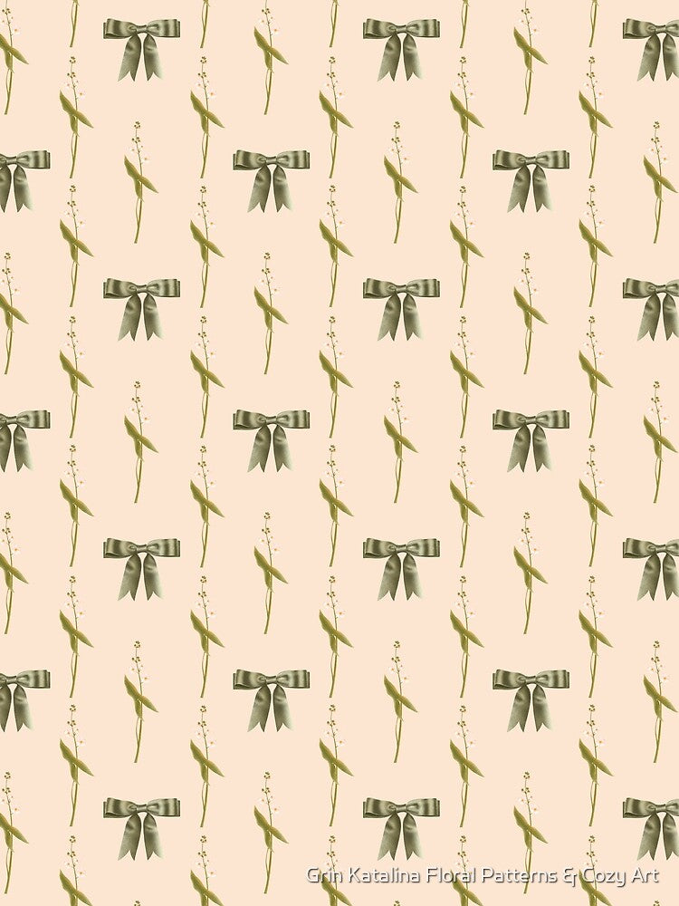 Botanical seamless print of white flowers, green leaves with green bows on a yellow background by Grin Katalina... (Image 2)