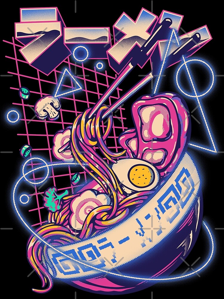 Retrowave Ramen - Ramen Retrowave With Geometric Neon elements, Cute Udon I love Noodles Instant ramen Cyberpunk Vaporwave Sun The Great Wave off synth outrun 80s 90s webcore gaming style Merch by Any Color Designs