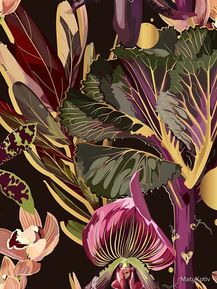 Tropical floral seamless pattern background with exotic dark violet flowers, golden elements and leaves. by... (Image 2)