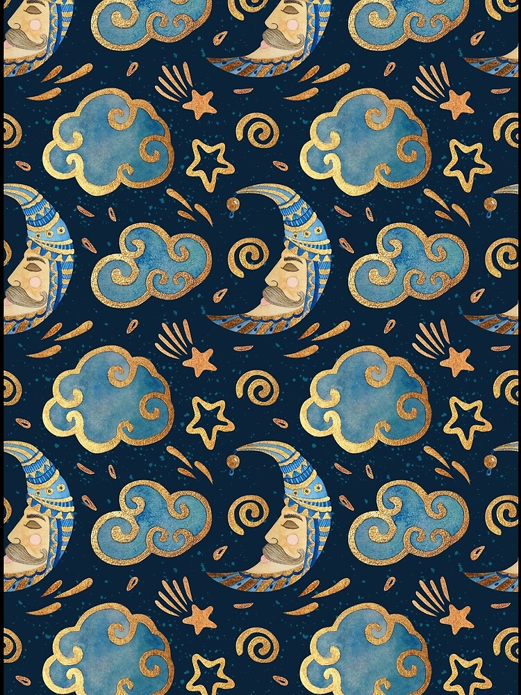 Half Moon & Cloud Night Sky Watercolour Pattern | Fantasy Mystic Sleepy Face | Gold & Blue | Half Moon Stars:... (Image 2)