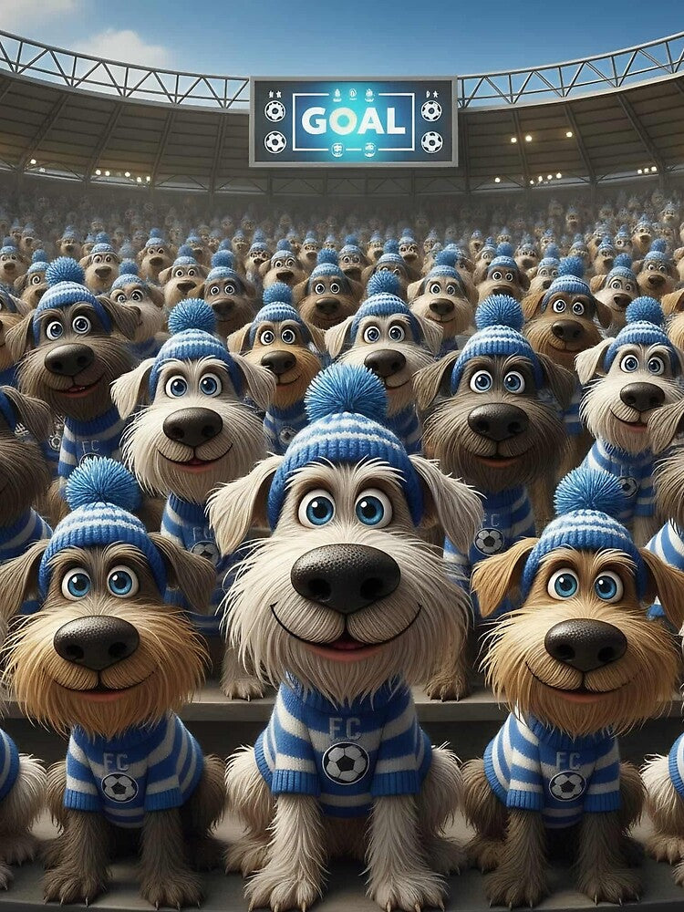 Cute Cartoon Dogs as Soccer Fans in Blue Stadium Crowd by Pixel Pout