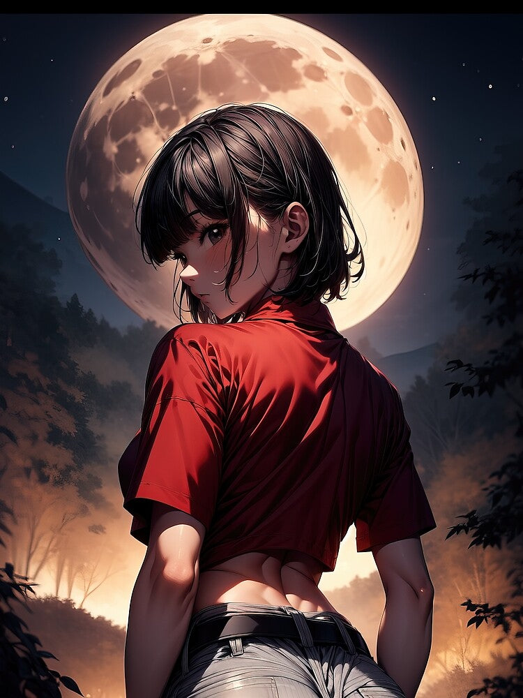 Red shirt anime girl with full moon by TheArtistOf2022 Hoodie, Sweatshirt | BlankRebels.com (Image 2)