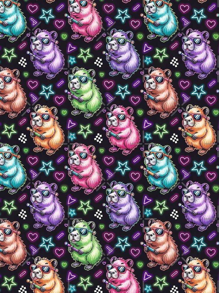 Neon Capybara Seamless Pattern Cute Chibi Retro Vaporwave Animal T-Shirts, Hoodie, Sweatshirt