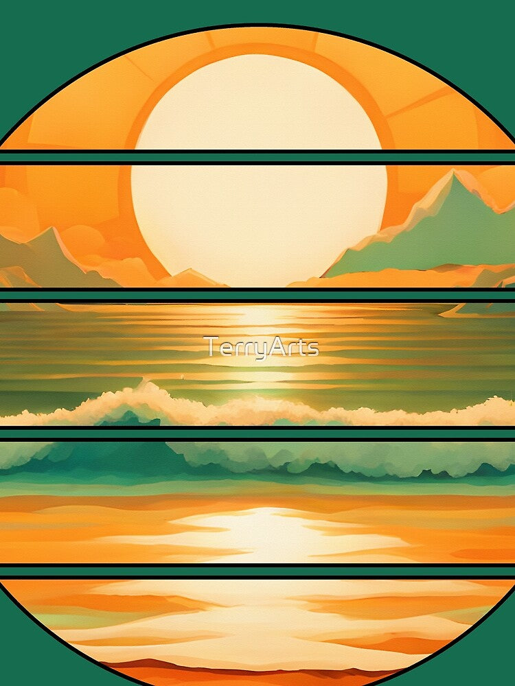 Retro Sun Beach Ocean Mountains Sky AI Art - Orange with black edge by Beachy T-Shirts, Hoodie, Sweatshirt (Image 2)