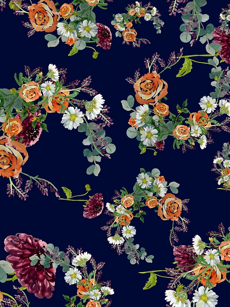 Dahlia red rose daisy pattern watercolor blue by Yana Mustafina | Boho Soulful Designs T-Shirts, Hoodie, Sweatshirt (Image 2)