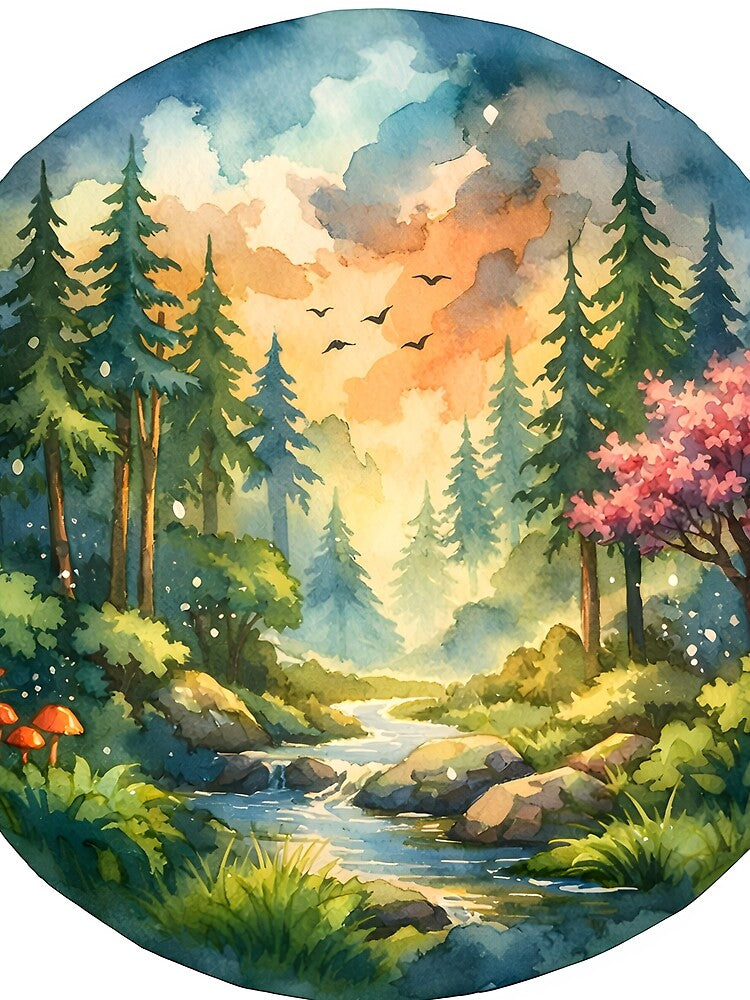 Enchanted Forest Stream Watercolor Illustration | Dreamy Nature Landscape Art by Senkov T-Shirts, Hoodie,... (Image 2)