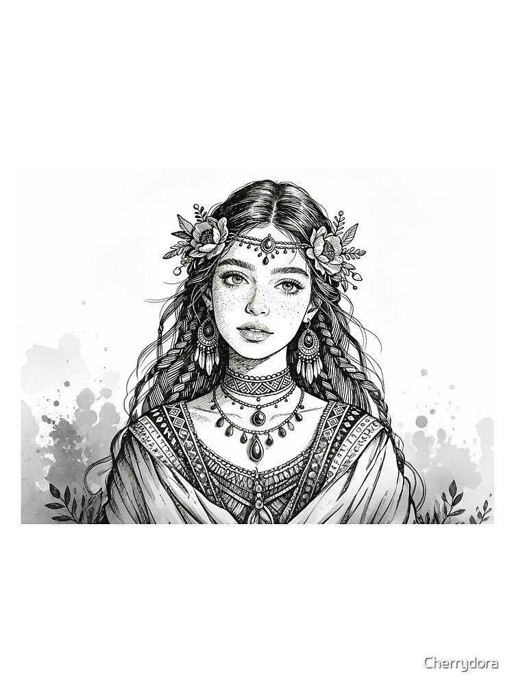 Detailed Black Ink Sketch: Bohemian Goddess Portrait with Floral Crown and Ethnic Jewelry Engraving Style by... (Image 2)