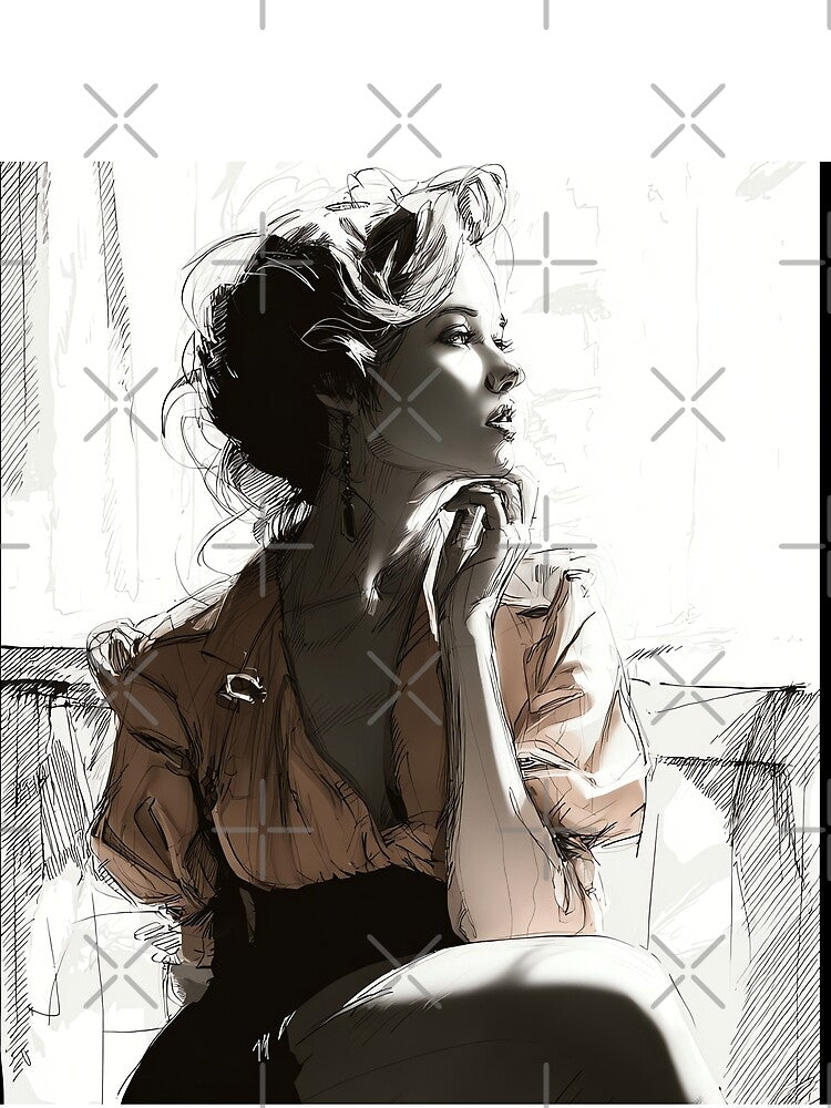 Elegant Woman in Thought - Black and White Fashion Sketch Illustration by Banal25 T-Shirts, Hoodie, Sweatshirt (Image 2)