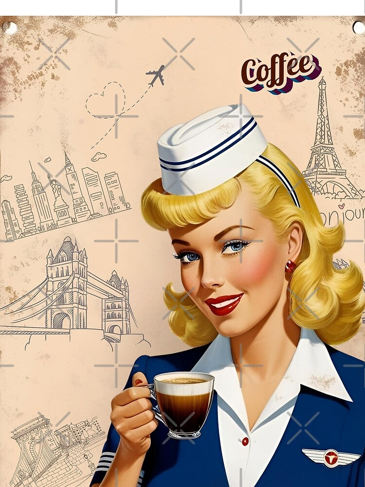 Retro Coffee Lady – Vintage Blonde Air Hostess Art with City Skylines by All-About-Life T-Shirts, Hoodie,... (Image 2)