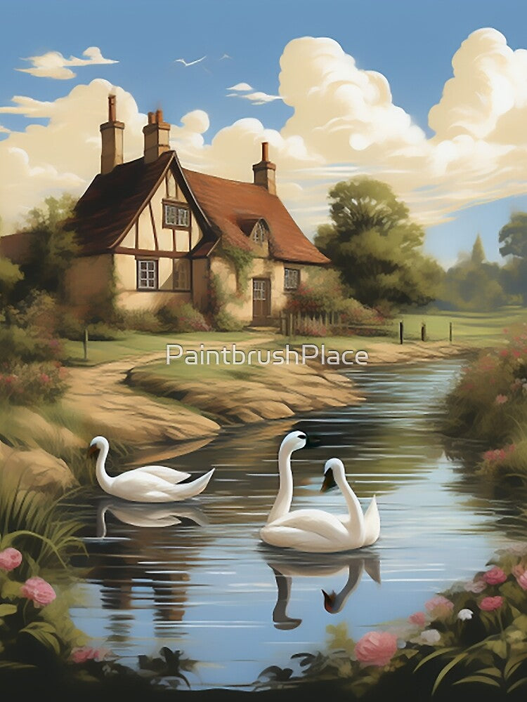 Sunny British Countryside: Sketch-Styled Cottage & Swans by PaintbrushPlace